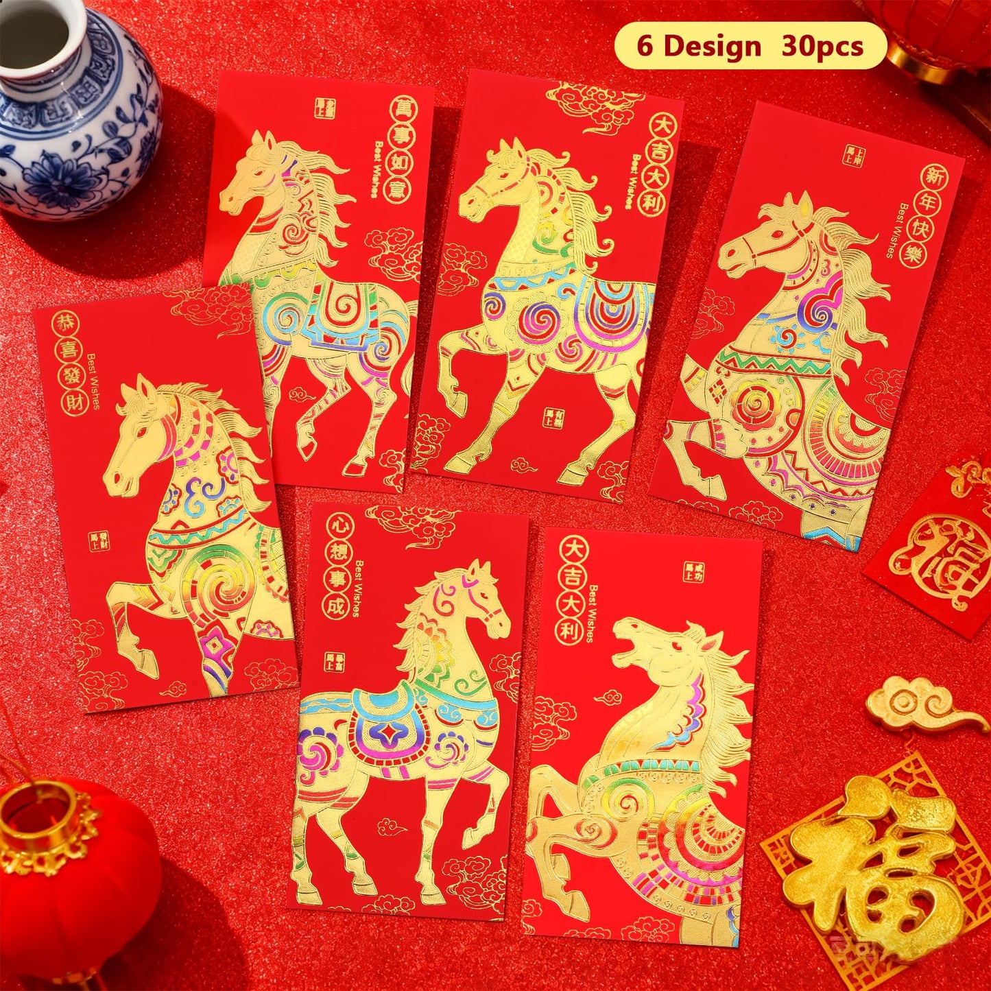 BRIOYHA 30Pcs Chinese New Year Red Envelopes,2026 Lunar New Year Red Pocket Envelopes Chinese Hong Bao,Lucky Money Packets for Year of the Horse Chinese Spring Festival Celebrations,3.5 x 6.5 Inches