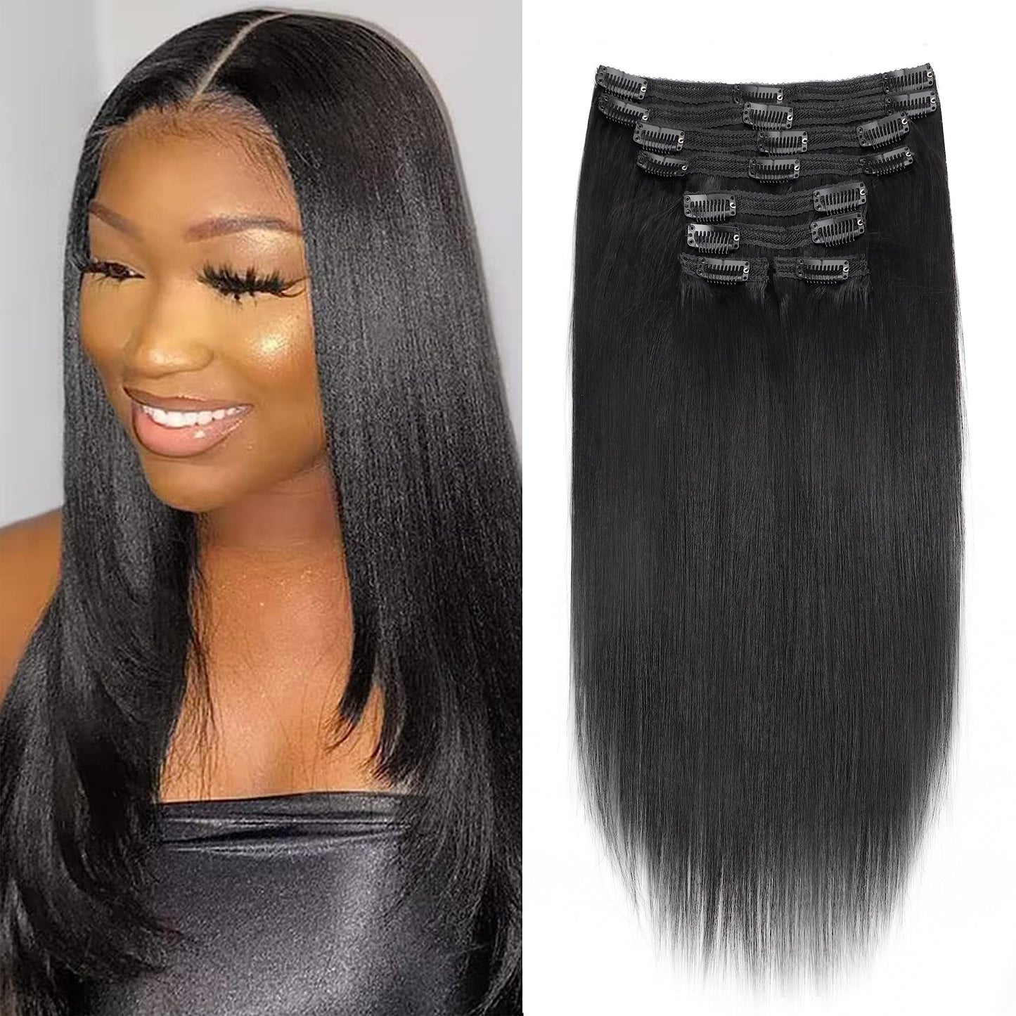 Affordable 14 Inch Yaki Straight Clip ins Human Hair Brazilian Yaki Straight Clip in Hair Extensions Unprocessed Virgin Hair clip on Hair Extensions Not Flat Low Shine 8Pcs Per Set 120G Natural Color