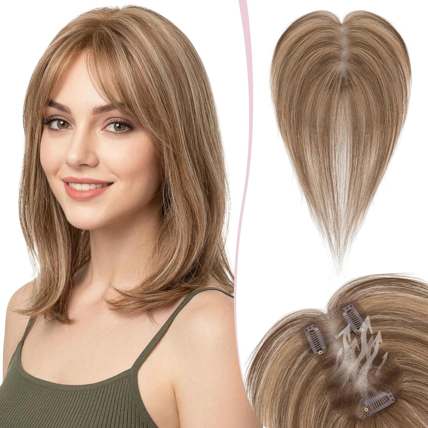 Real Human Hair Toppers for Women - Hand-Tied Clip-In Hairpieces with Side Bangs | 11-Inch Dark Brown