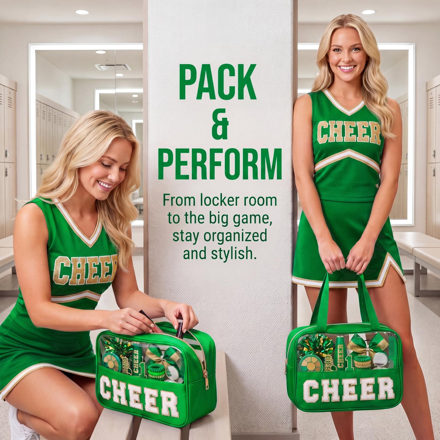 KYTACCU Cheer Makeup Bag Cheerleader Gifts Cheer Chenille Letter Cosmetic Bag Cheerleading Competition Accessories Clear Travel Toiletry Pouch for Girls Women-Green