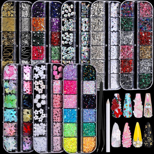 FANDAMEI Nail Charms, Nail Rhinestones Kit with 8 Boxes of Nail Gems, Bedazzling Kit for Nails, Colorful Clear Flatback Rhinestones, Charms Y2K for Nails, Multi Shape Nail Art Accessories for Crafts