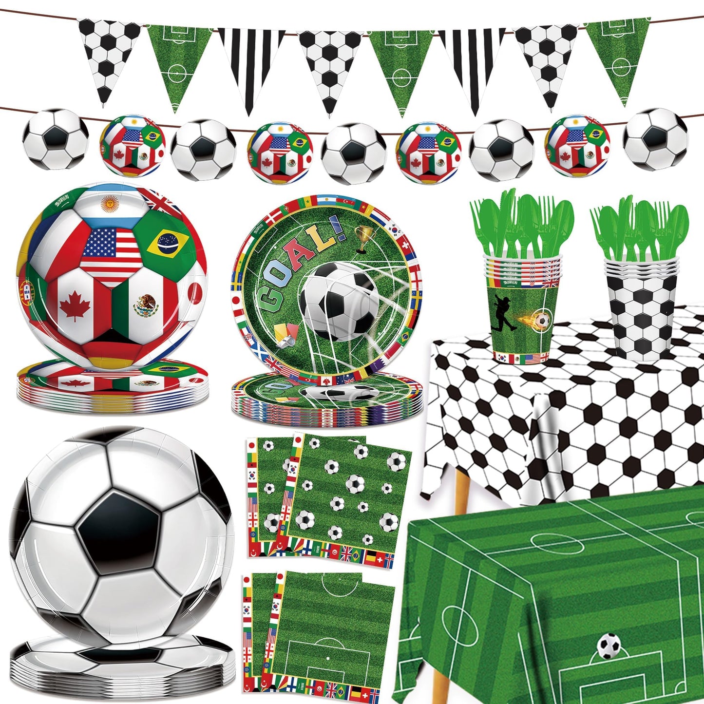 Soccer Party Supplies Decorations Kit for 24 Guests-The 23rd World Cup Design Dinnerware-Plates(9&7in) Napkins Cups Cutlery 2 Tablecloths & Soccer Pennant Flags Banner for Party, World Cup, Birthday