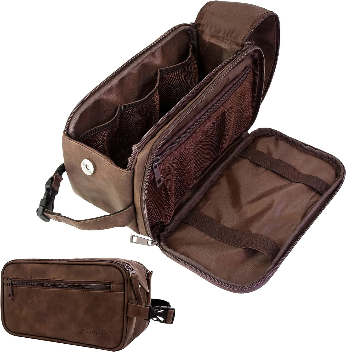 Toiletry Bag for Men - Travel Dopp Kit Organizer | PU Leather, Water Resistant, Dark Brown