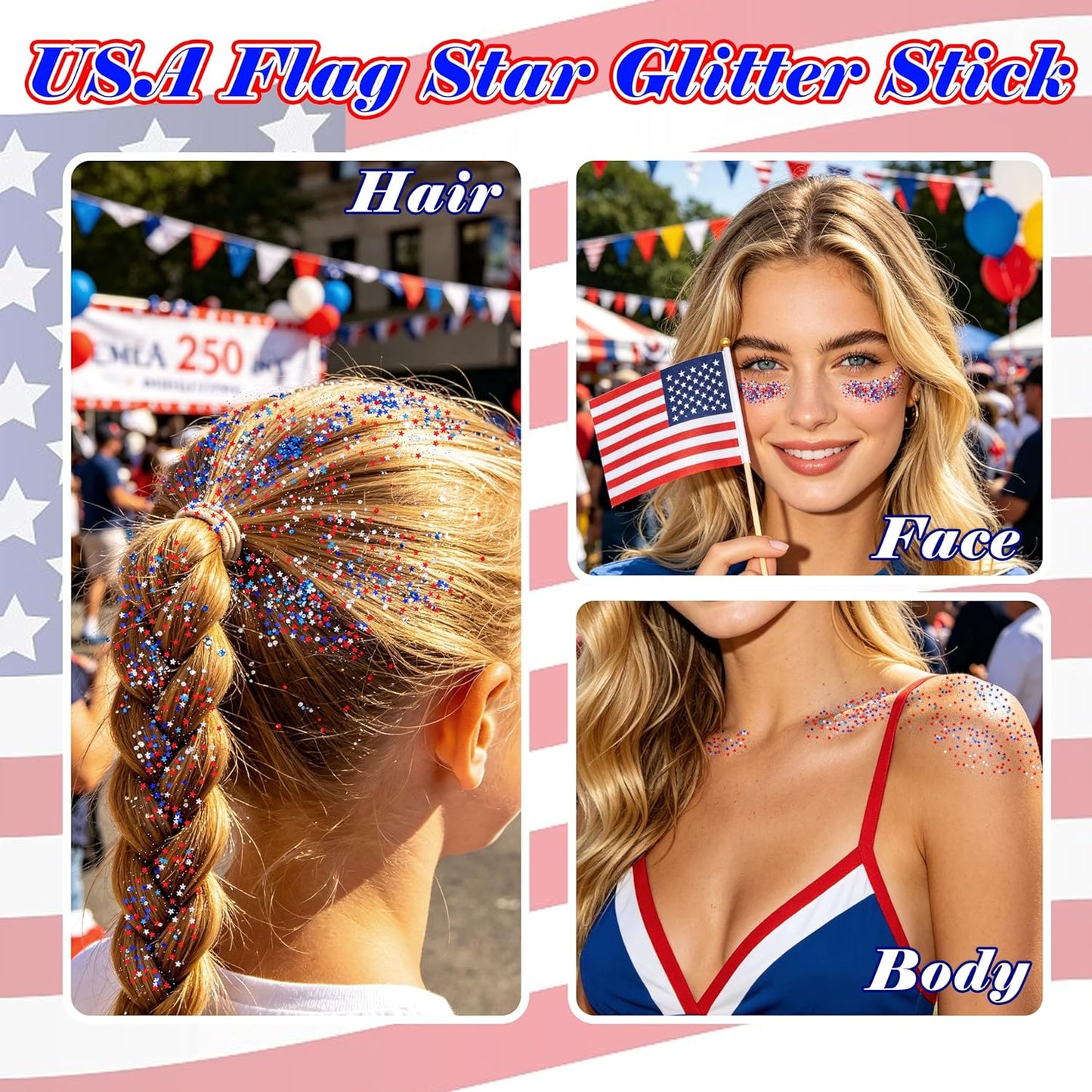 Red White and Blue Star Face Glitter Stick - Waterproof USA Flag Makeup | 4th of July Accessories for Women & Kids