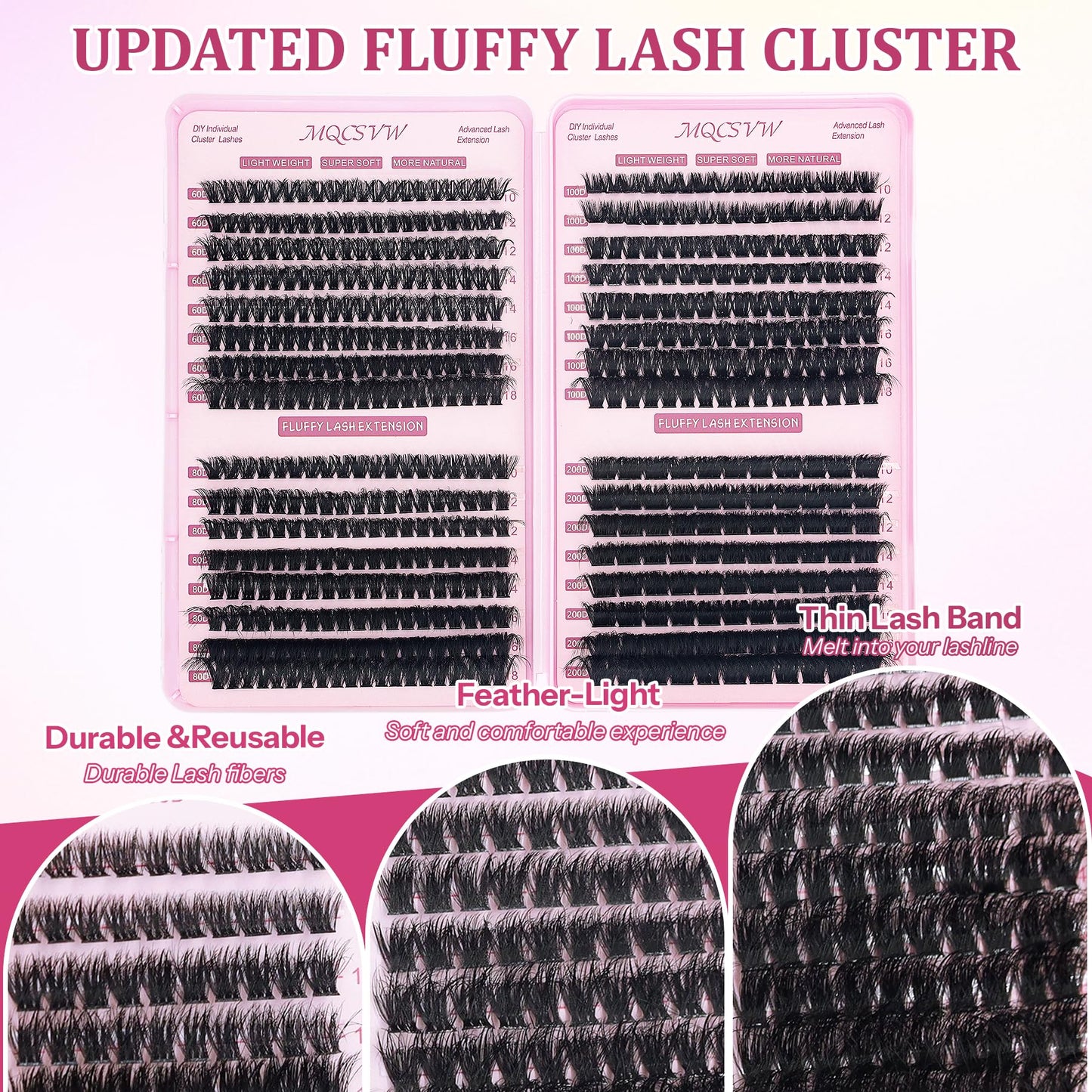 Lash Clusters Kit Fluff 60D+80D+100D+200D Individual Lashes 10-18mm D Curly Cluster Wispy Eyelash Extensions Thick False Eyelashes, with Tweezers Bond Seal Brush Remover Diy