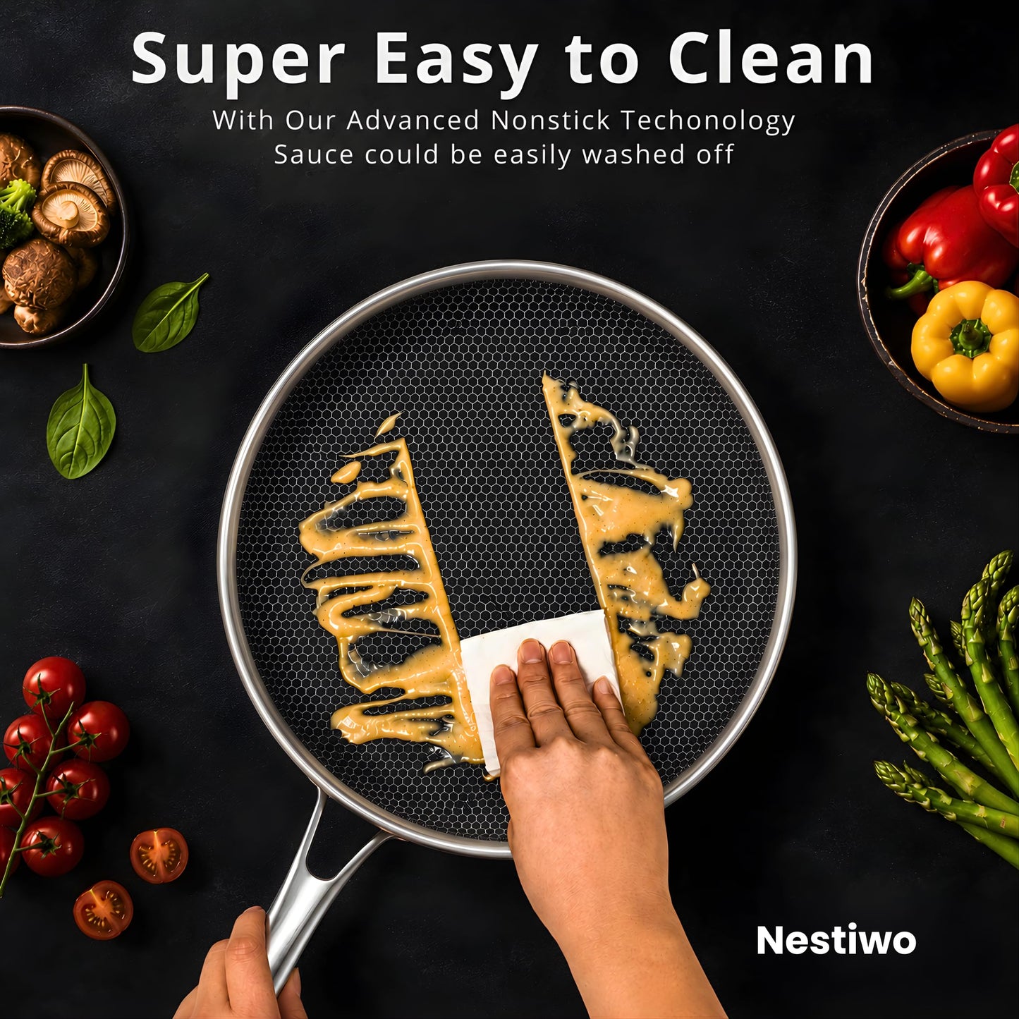 Nonstick Frying Pan 12 Inch with Lid, Stainless Steel Honeycomb Nonstick Skillet, Tri-Ply PFAS Free Cookware, Induction Fry Pan, Oven & Dishwasher Safe, Compatible with All Cooktops