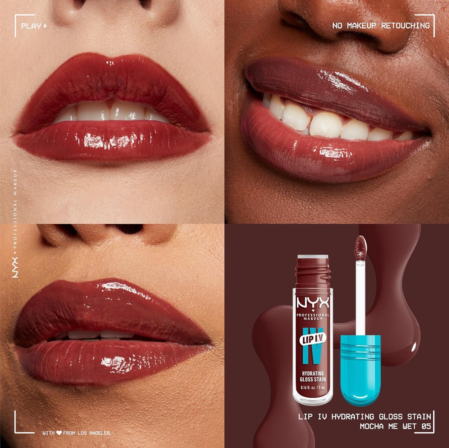 NYX Lip IV Hydrating Glossy Lip Stain - Long-Lasting Vegan Formula with 12 HR Hydration | Mocha Me Wet (Brown)
