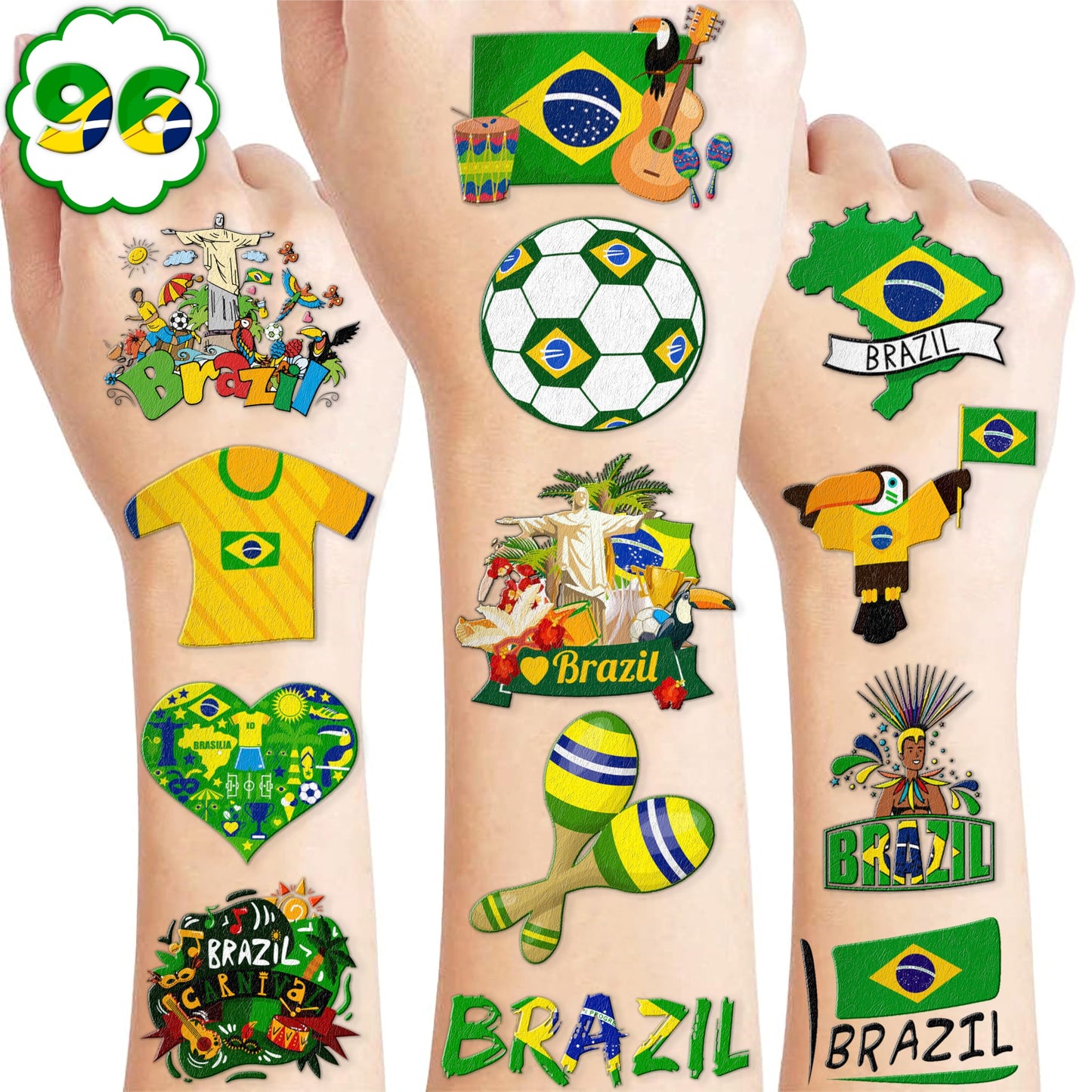 96 PCS Brazil Temporary Tattoos for Kids - Brazilian Flag Soccer Theme Birthday Party Favors, Carnival Decorations, Waterproof Fake Tattoo Stickers for Boys Girls Goodie Bags