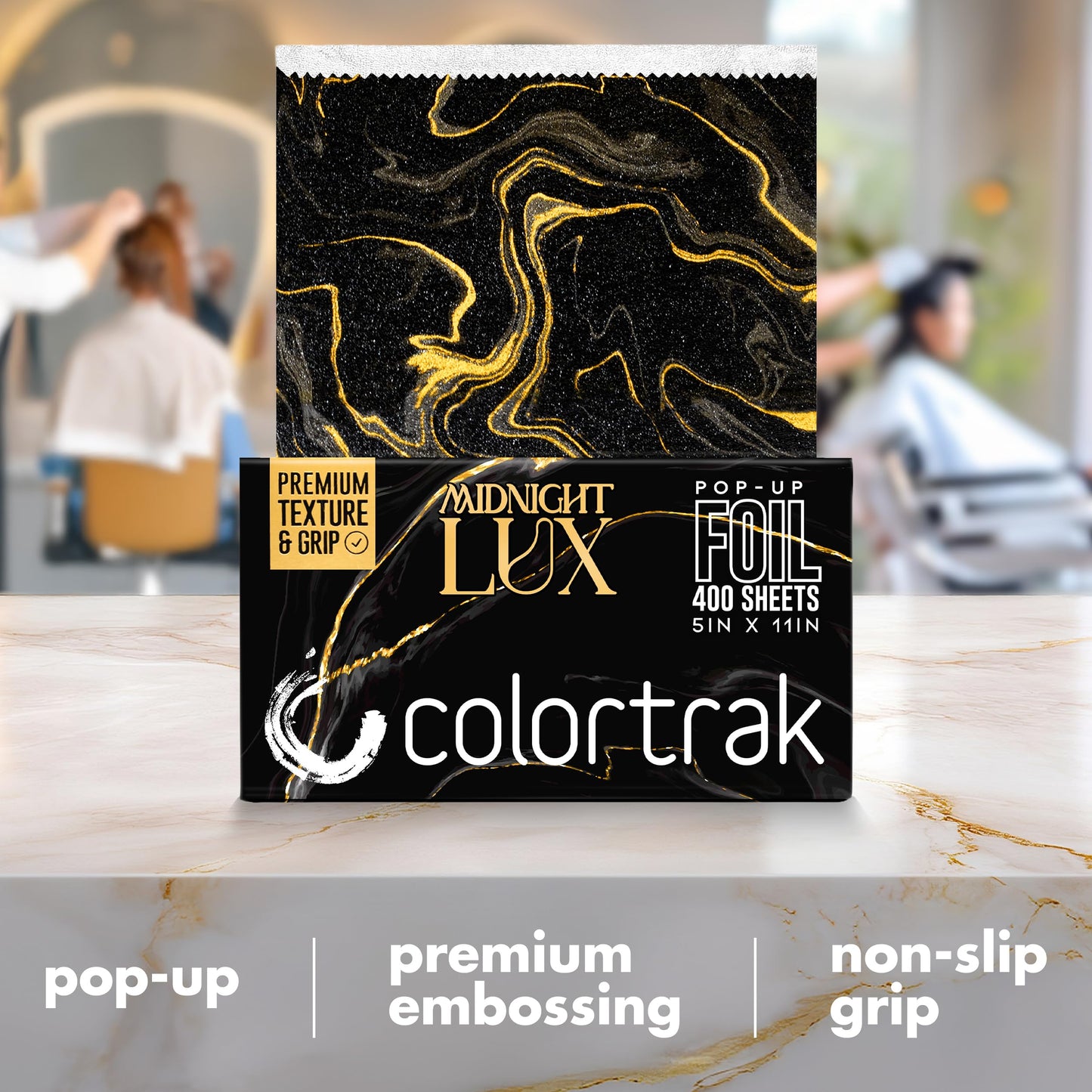 Colortrak Lux Pop-up Foil W/Dispenser (400 Count), Pre-cut Sheets, Non-Slip Embossed Texture, 5" x 11" Sheets for Hair Foil Coloring and Highlighting Sheet Applications