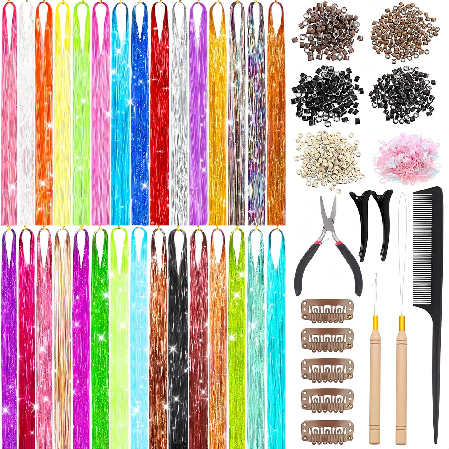Hair Tinsel Kit - 30 Colors 48-Inch Glitter Extensions | Sparkling Heat-Resistant Fairy Hair for Festivals