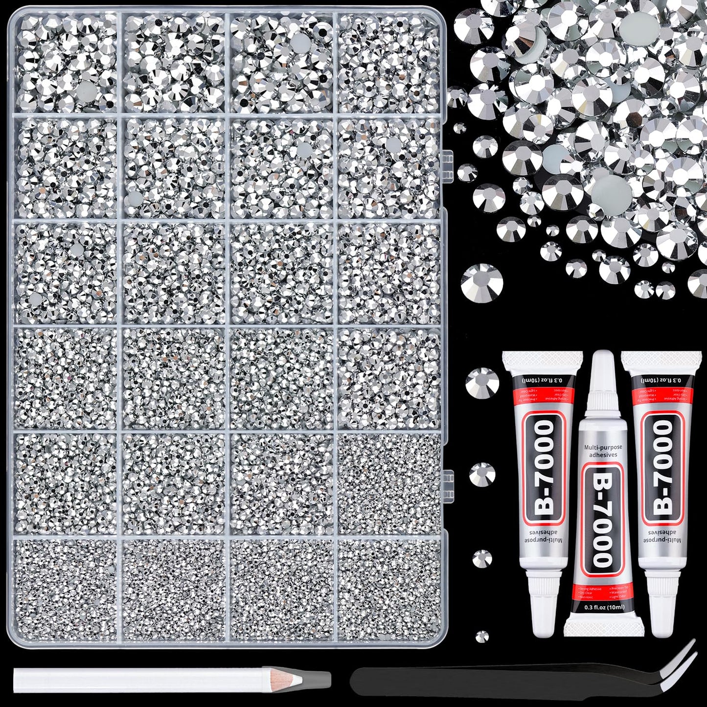 32000 Pcs Black Rhinestones - Flatback Resin Gems for Bedazzling | Jewelry Glue & Tweezers Included