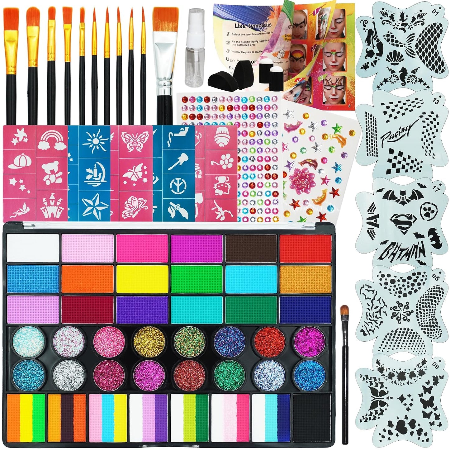 42 Color Face Painting Kit - Non-Toxic Water Activated Paint Set with Stencils & Brushes | Perfect for Halloween, Parties & Festivals