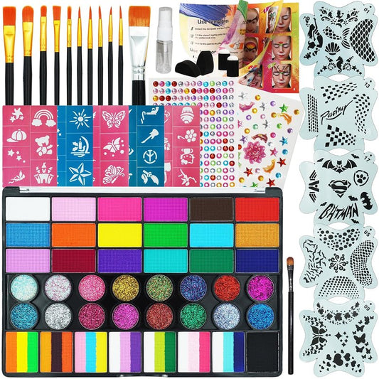 42 Color Face Painting Kit - Non-Toxic Water Activated Paint Set with Stencils & Brushes | Perfect for Halloween, Parties & Festivals