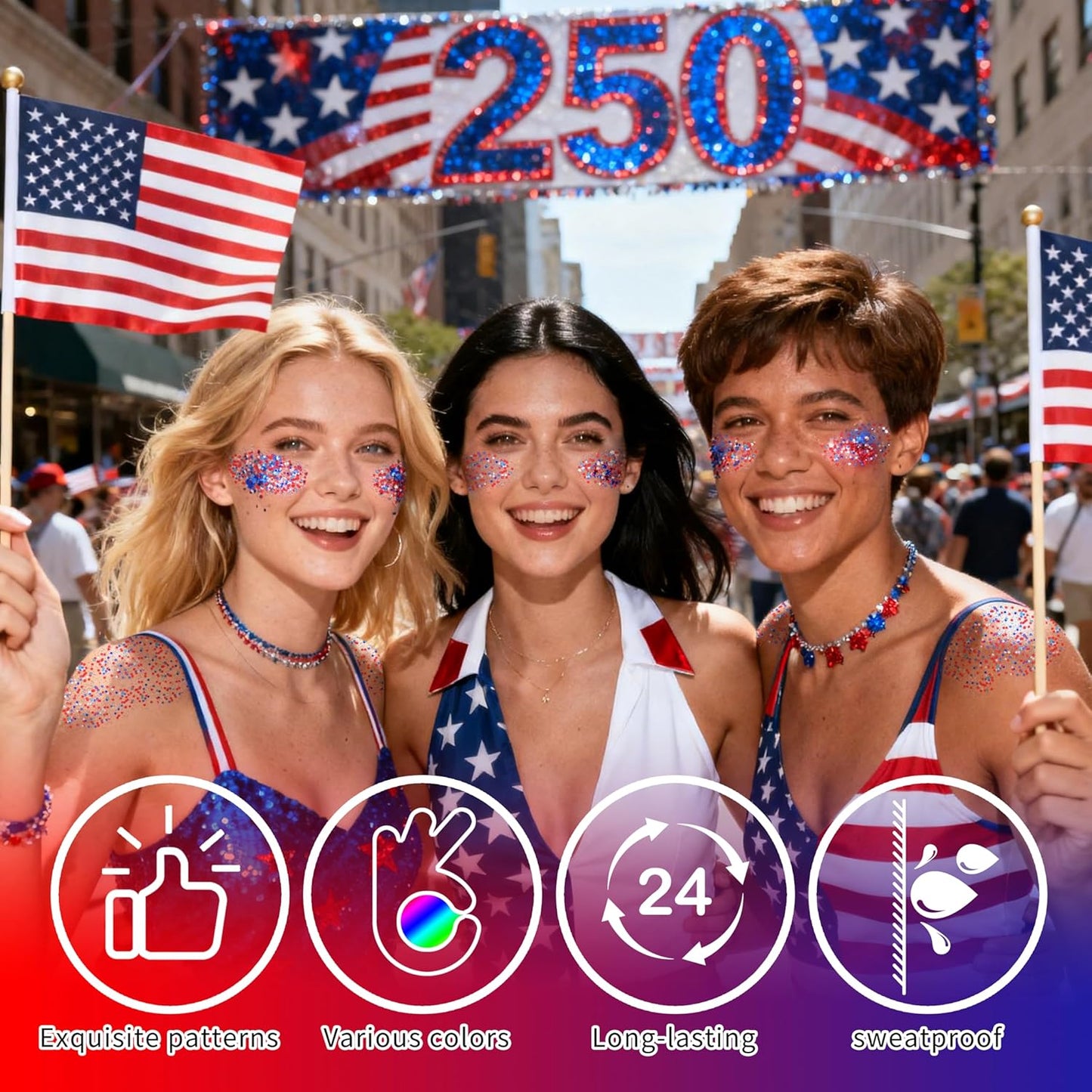 Red White and Blue Star Face Glitter Stick - Waterproof USA Flag Makeup | 4th of July Accessories for Women & Kids