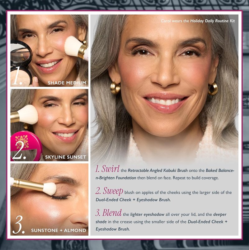 Laura Geller Daily Routine Kit - Limited Edition Makeup Set for Mature Skin | Includes Baked Foundation, Blush & Kabuki Brush
