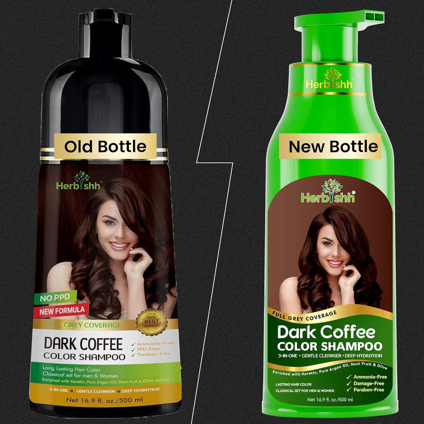 Herbishh Hair Color Shampoo for Gray Hair - Natural 3-in-1 Dye | Dark Coffee, 500ML, Lasts 3-4 Weeks