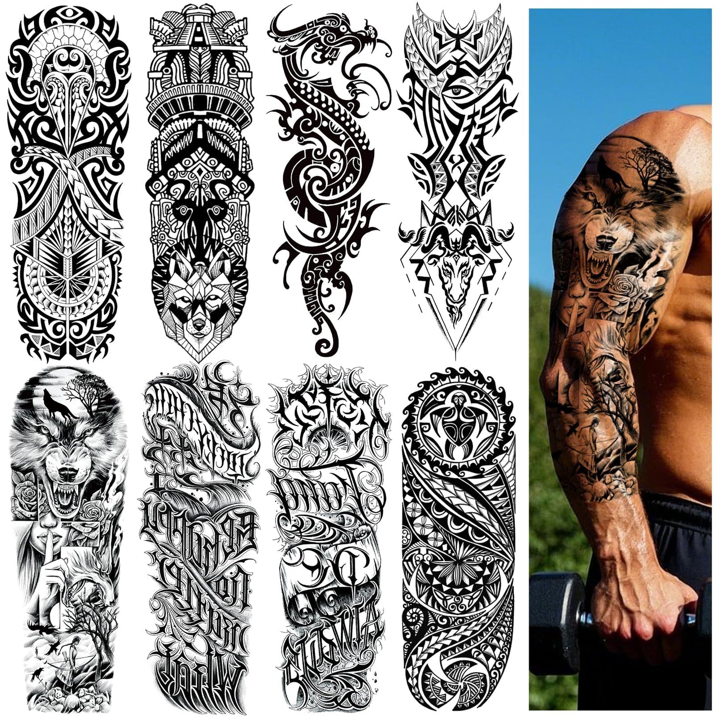 VERKSTAD 8 Sheets Black Full Arm Temporary Tattoos for Men Adults, Temp Millitary Sleeve Tattoo For Women, Waterproof Totem Body Arm Chest Shoulder Tortoise Dragon Fake Scary Tattoo Stickers Animal