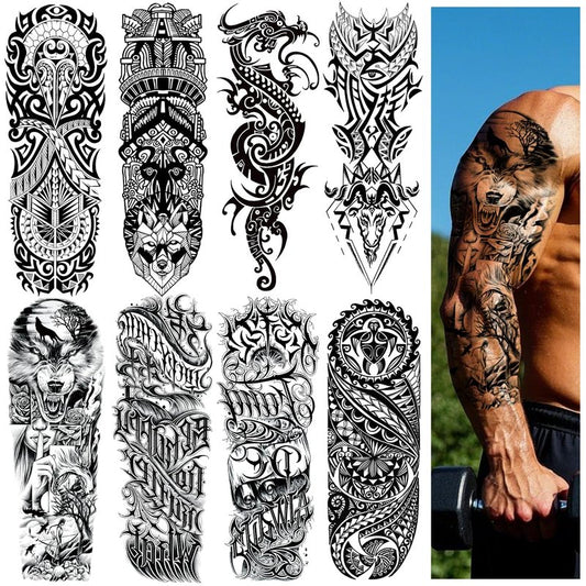 VERKSTAD 8 Sheets Black Full Arm Temporary Tattoos for Men Adults, Temp Millitary Sleeve Tattoo For Women, Waterproof Totem Body Arm Chest Shoulder Tortoise Dragon Fake Scary Tattoo Stickers Animal