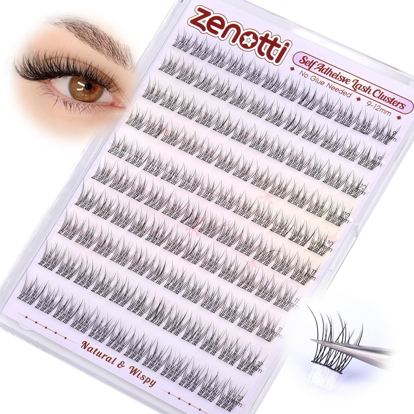 Natural Self Adhesive Clusters Lashes No Glue Self Adhesive Wispy Cluster Eyelashes Extensions Pre-glued Lashes Cluster Reusable C-Curly Individual Lashes 9-12mm Press on Lash by zenotti
