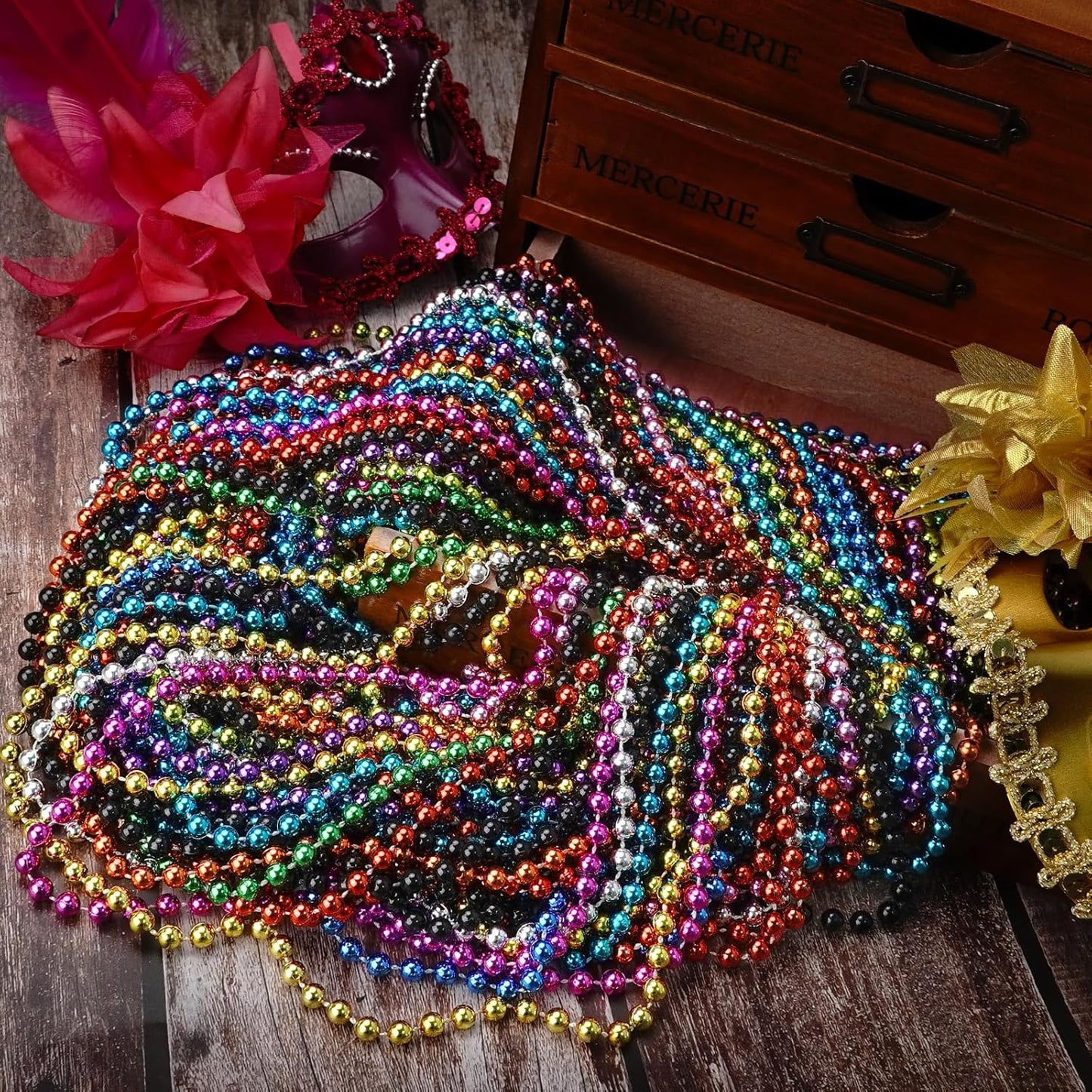12 PCS Metallic Bead Necklaces - 33'' Round Mardi Gras Jewelry for Festive Events | Christmas & New Year