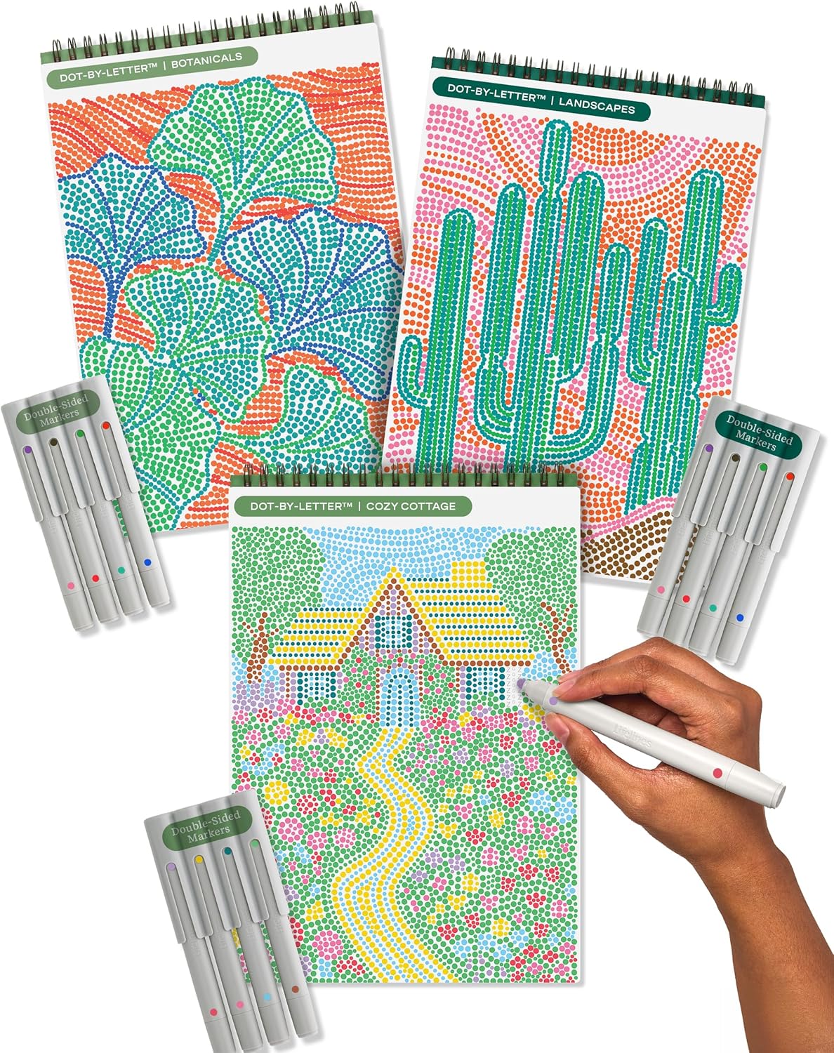 FlowArt Mini Activity Pads - Guided Dot-by-Letter Art Meditations | 3-Pack with 15 Markers & 60 Scenes for All Ages