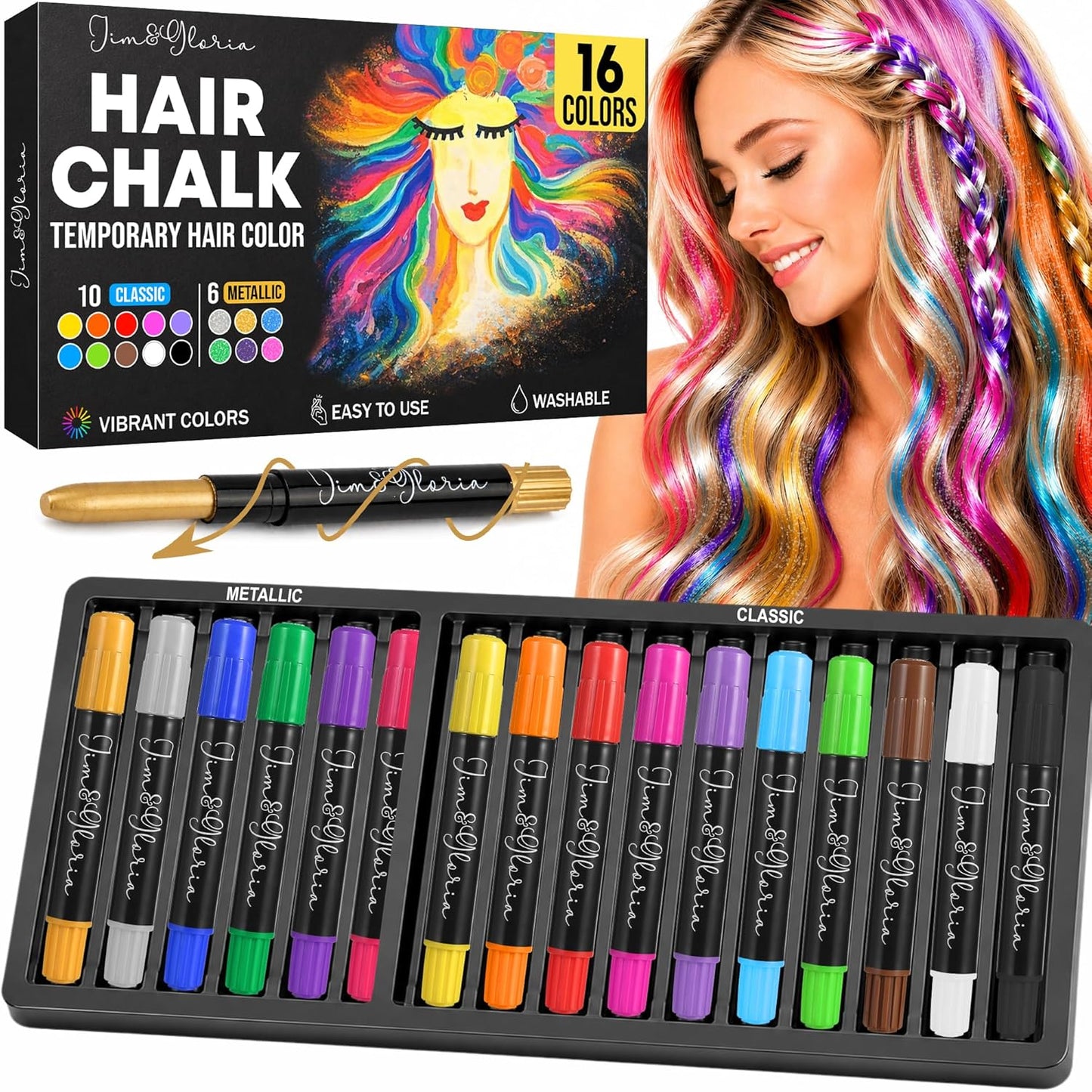 Hair Chalk Set - 16 Washable Colors with 6 Metallic Shades | Fun Temporary Hair Color for Teens & Tweens