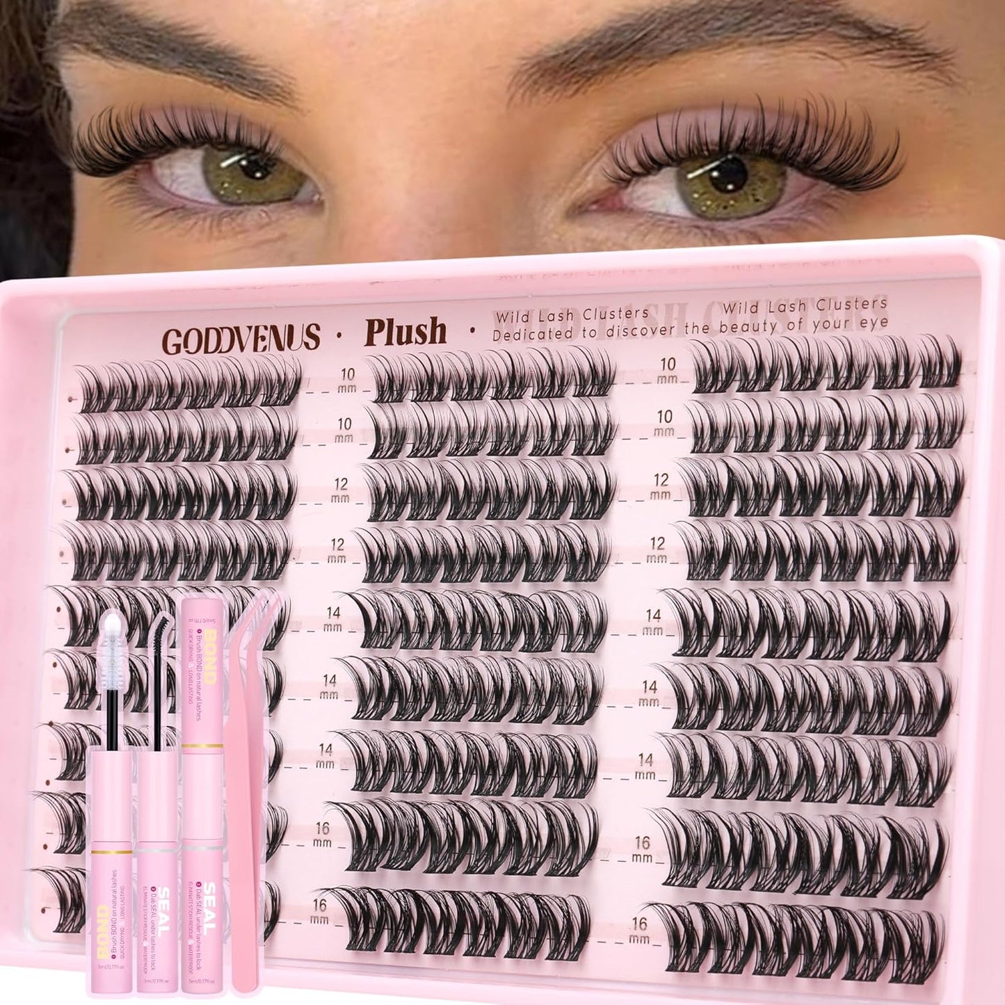 Plush Lash Clusters Kit - Natural Wispy Eyelash Extensions for DIY Home Use | D Curl Individual Lashes with Waterproof Bond