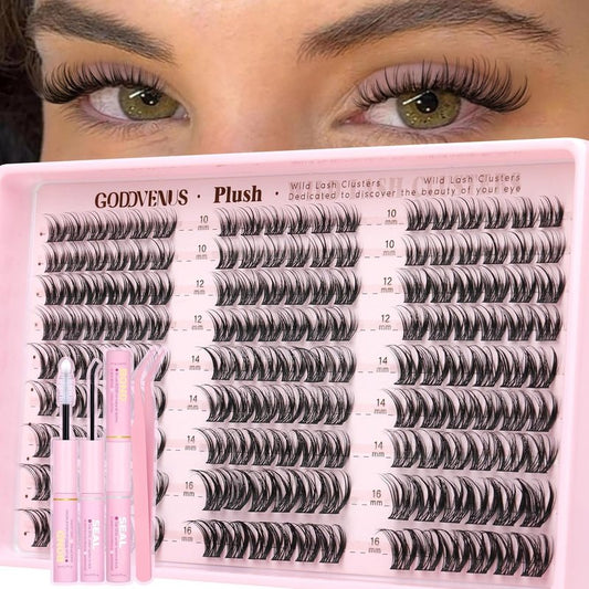 Plush Lash Clusters Kit - Natural Wispy Eyelash Extensions for DIY Home Use | D Curl Individual Lashes with Waterproof Bond