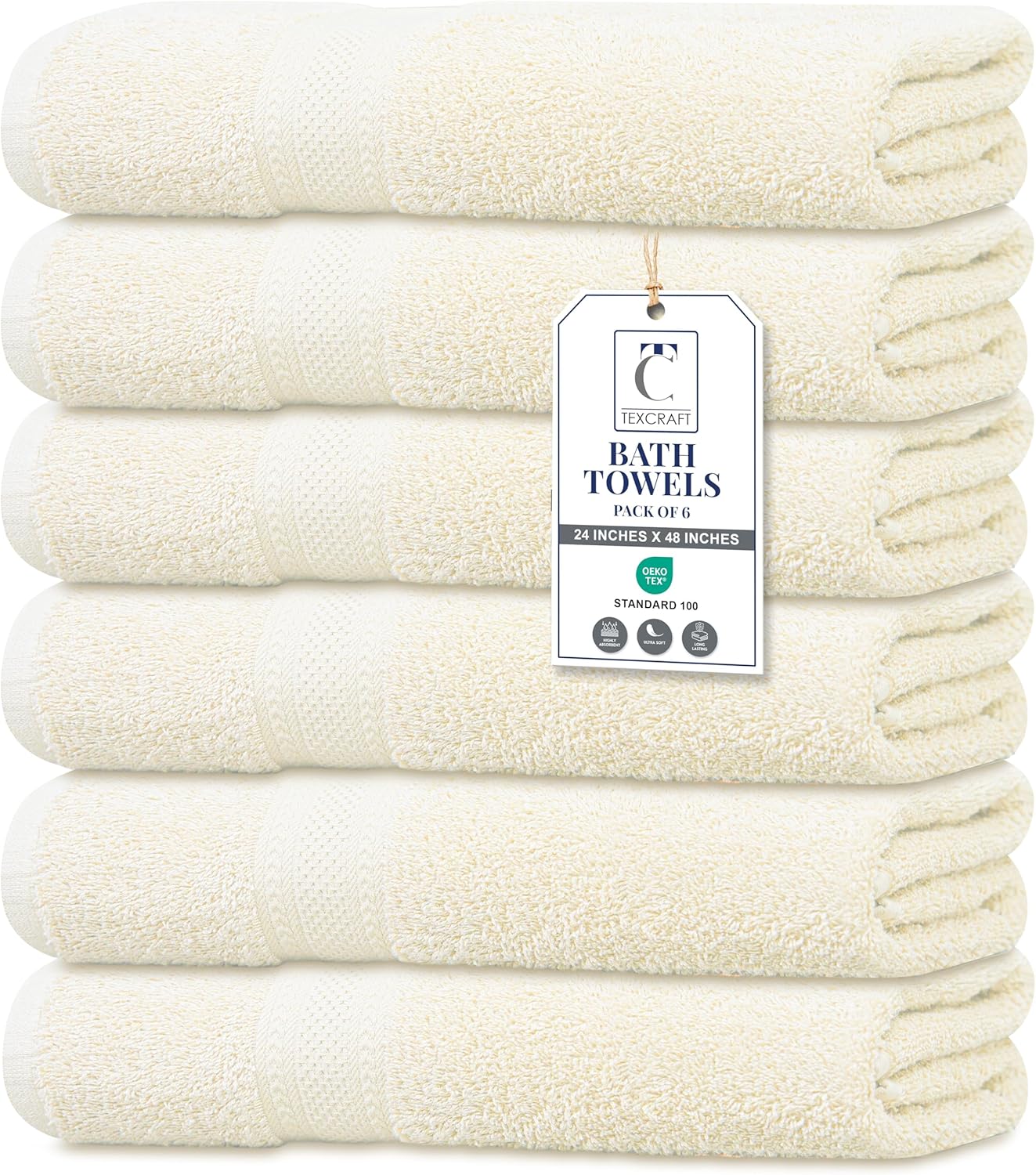 Large Bath Towels Set of 6 - 100% Cotton Terry, Quick Dry & Soft - 24" x 50", Grey for Bathroom, Gym & Spa