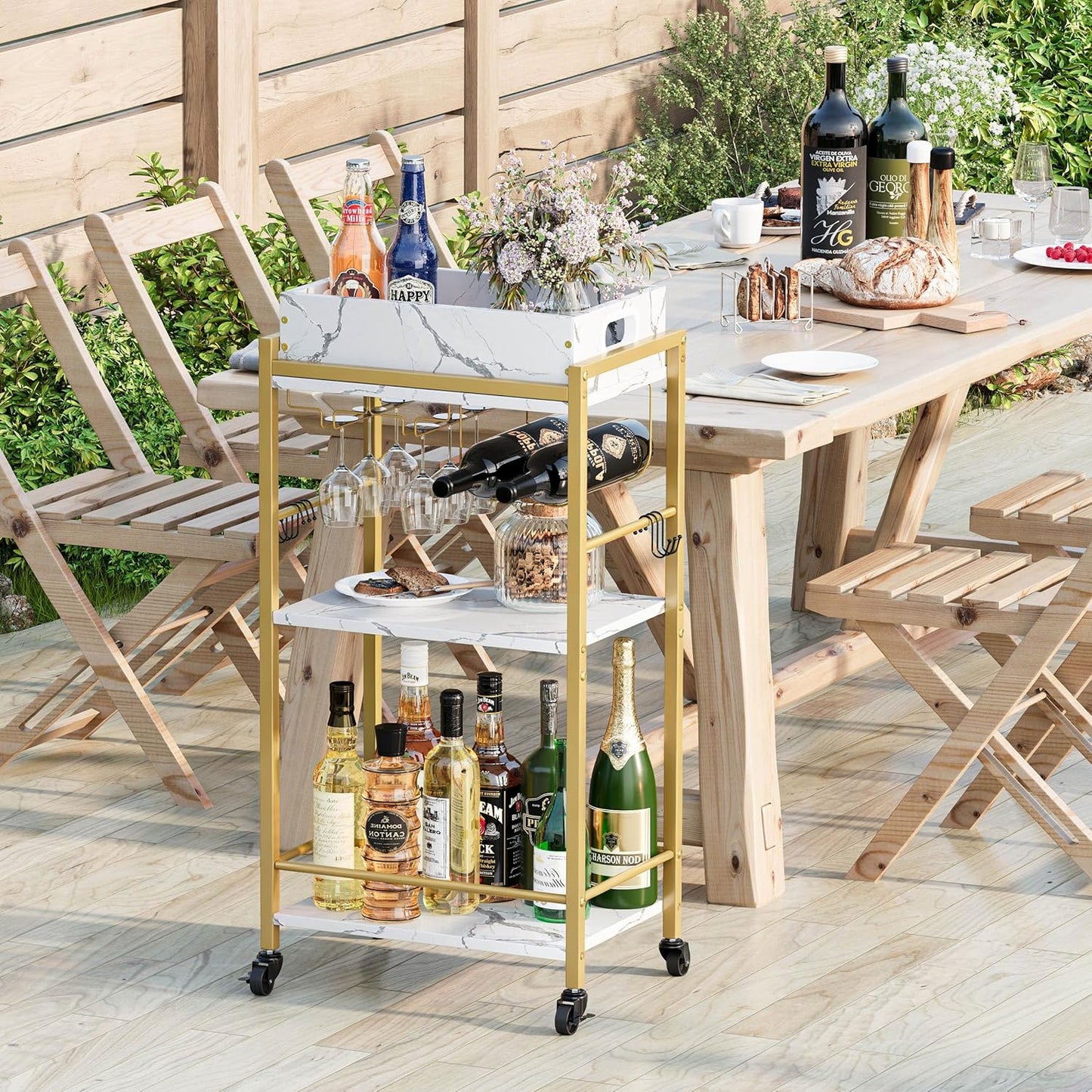 Gold Bar Cart - 3-Tier Rolling Beverage Cart with Removable Tray & Wine Rack | Stylish Small Drink Cart for Kitchen & Living Room