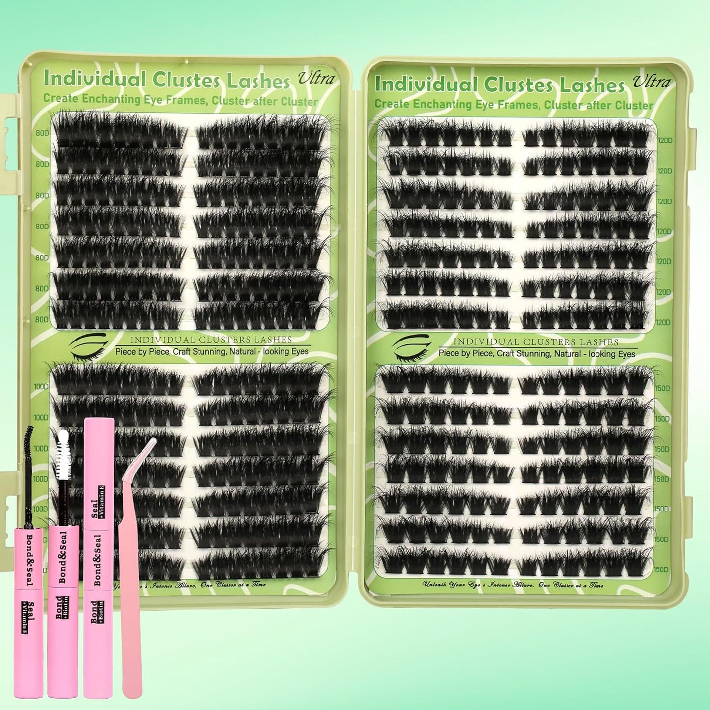 Lash Extension Kit - 640 Pcs Volume C Curl Eyelash Clusters | DIY Cluster Extensions with Bond & Tweezers