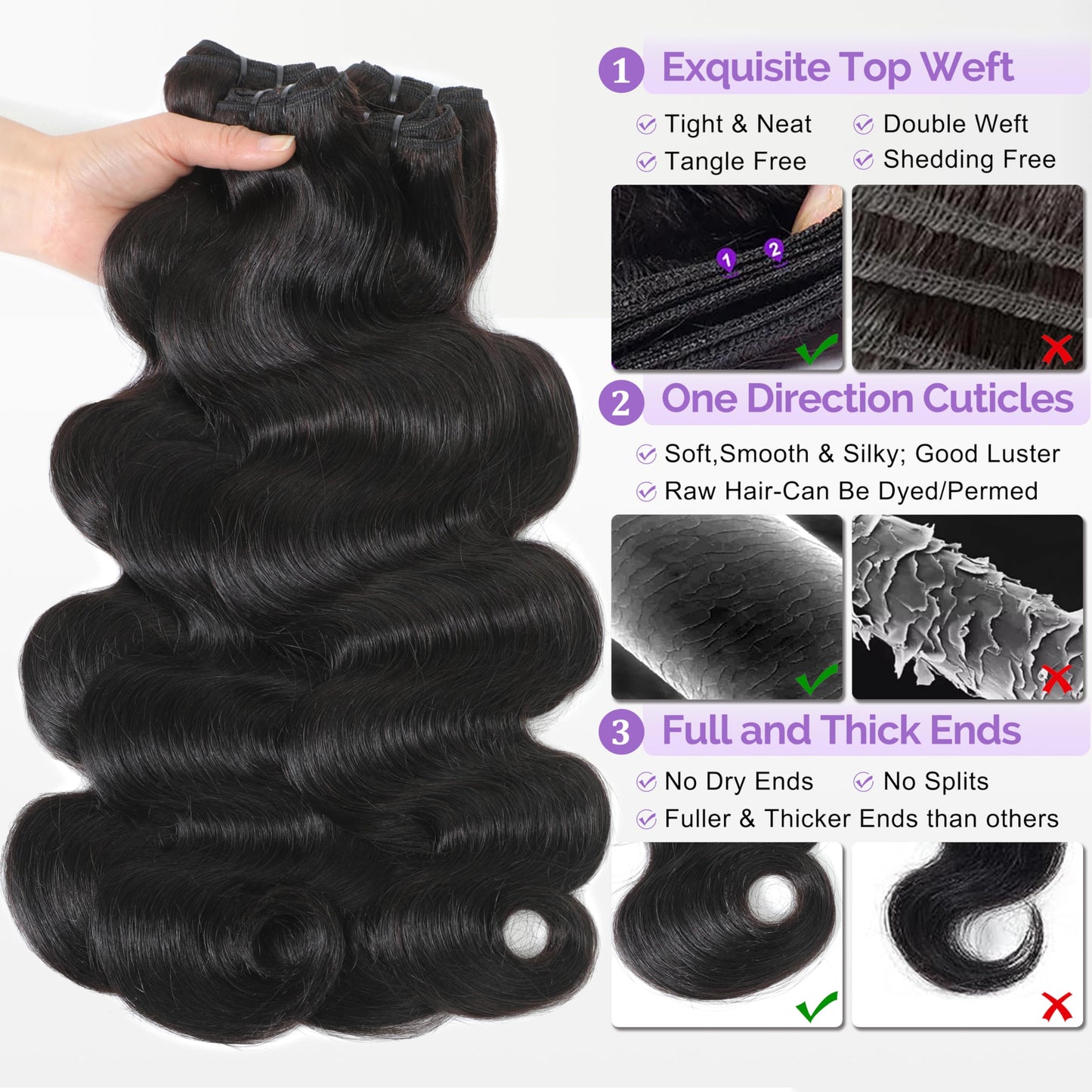 16A Body Wave Bundles Human Hair, 20 22 24 Inch 3Pcs Raw Bundles Human Hair Extensions, Direction Cuticles, Unprocessed Virgin Real Human Hair, Retains Silky Soft and Thick 3X Longer Lifespan,Reusable