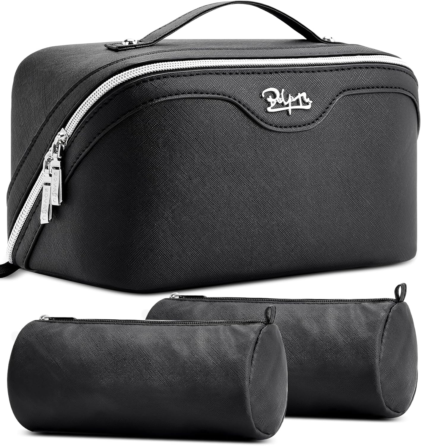 Travel Makeup Bag Organizer Set - 3 Pcs Waterproof Vegan Leather Cosmetic Bags for Women | Black