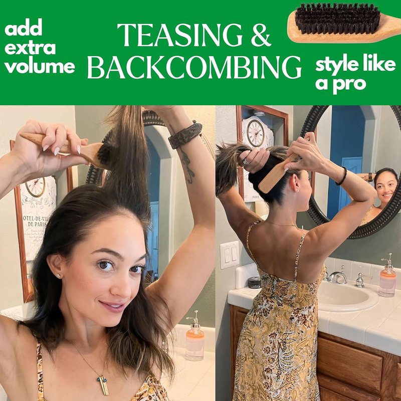 GranNaturals Boar Bristle Hair Brush - Sleek Ponytail & Bun Styling Tool | Backcombing & Teasing with Rat Tail