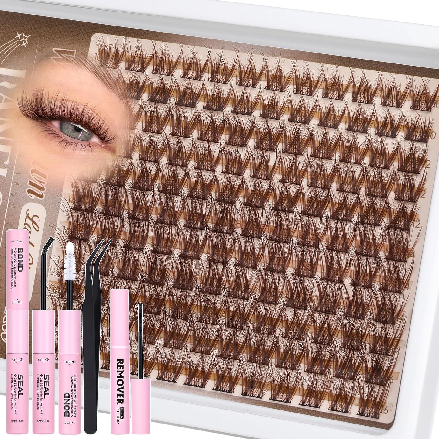 Natural Lash Clusters Kit - Wispy C Curved Eyelash Extensions | 8-16mm Individual Lashes with Bond & Tweezers