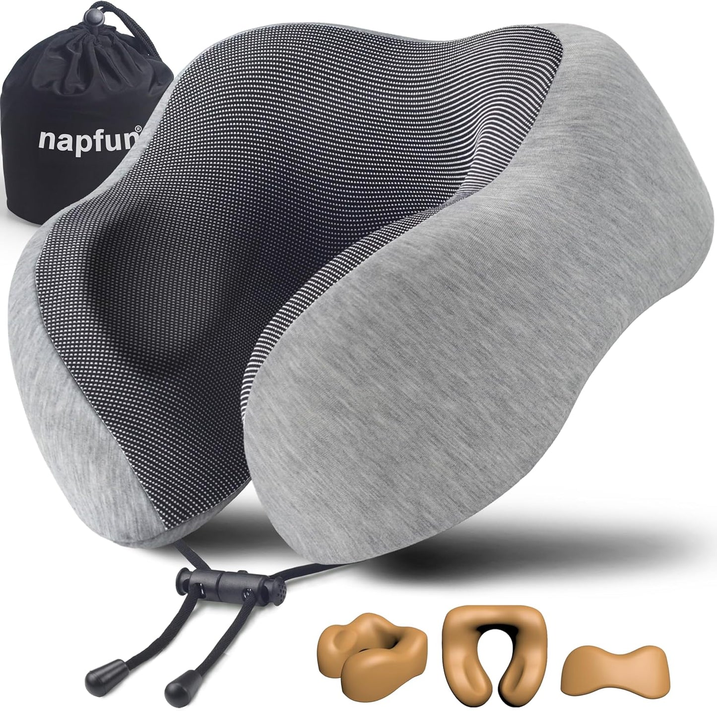 Napfun Travel Neck Pillow - Upgraded 100% Pure Memory Foam | Light Grey Comfort for Airplane Sleep