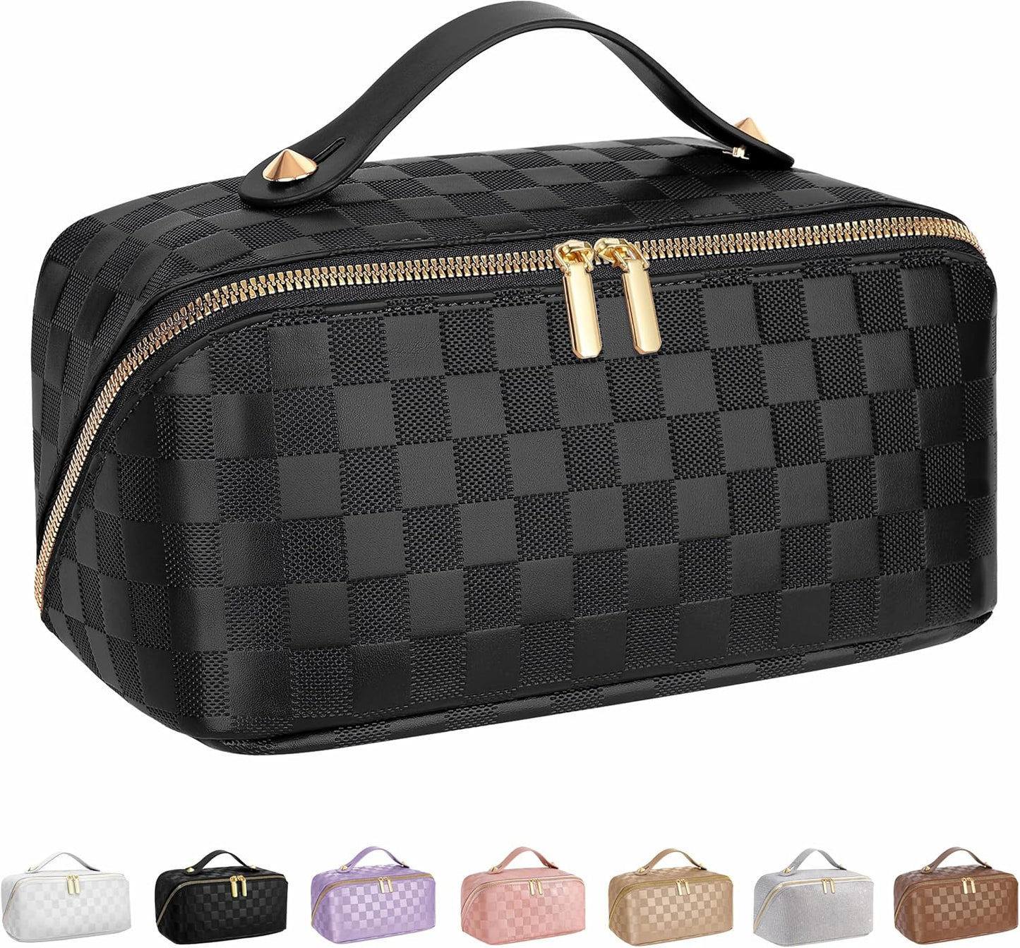 Large Capacity Travel Cosmetic Bag - Waterproof PU Leather Makeup Organizer with Dividers | Stylish Checkered Design