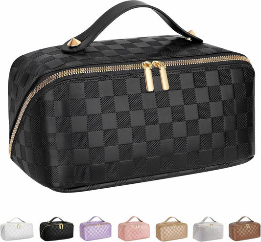 Large Capacity Travel Cosmetic Bag - Waterproof PU Leather Makeup Organizer with Dividers | Stylish Checkered Design