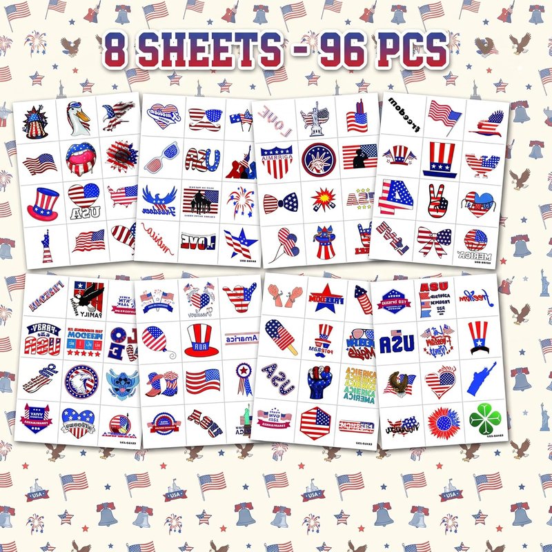 Fourth of July Patriotic Temporary Tattoos - 96PCS USA Flag Designs for Kids & Adults | Perfect Party Favors & Independence Day Accessories