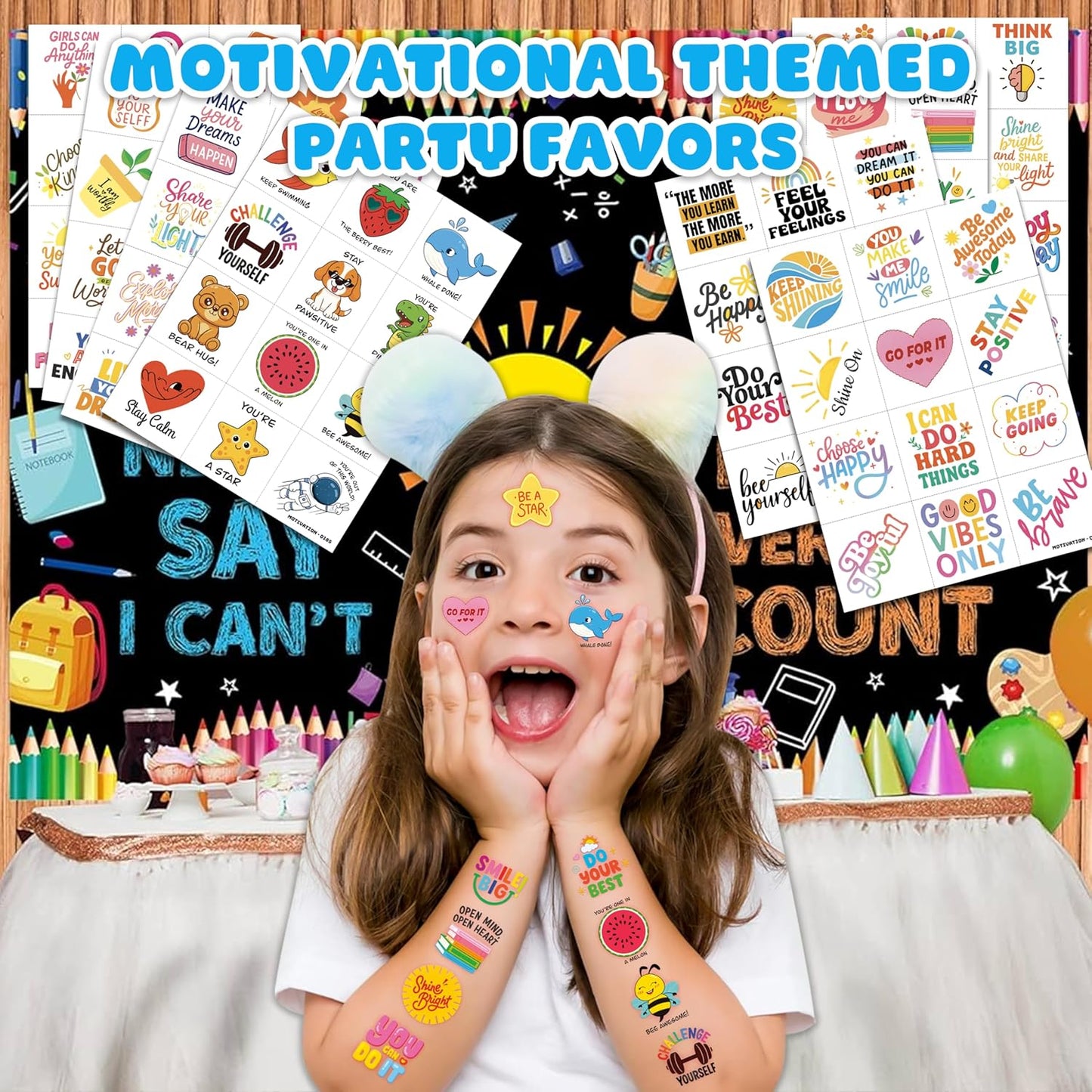 Motivational Temporary Tattoos for Kids - 96 PCS Cute Inspirational Party Favors | School Rewards & Gifts