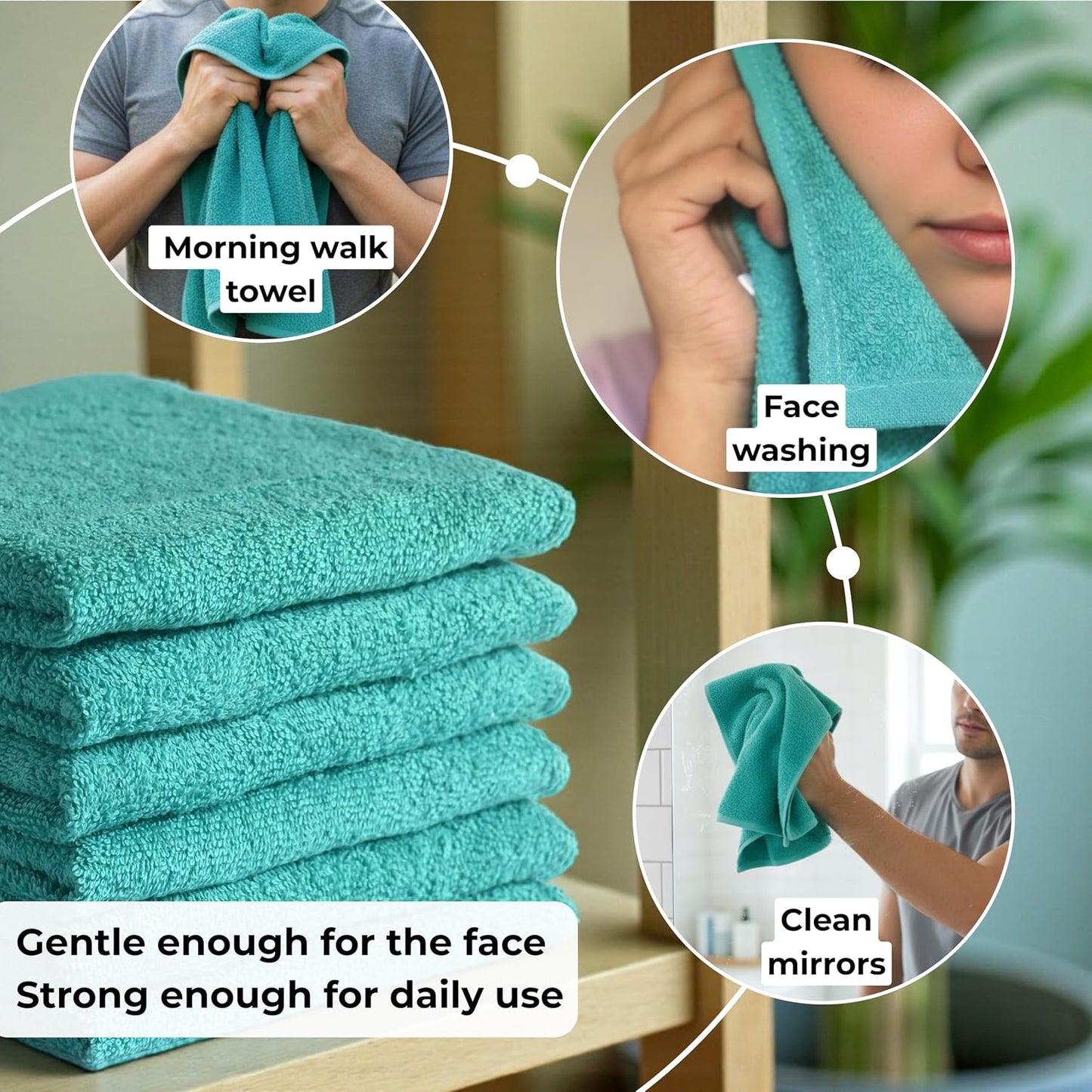 Turquoise Cotton Wash Cloths - Soft Absorbent Terry Towels | 12"x12" 6-Pack for Adults & Kids