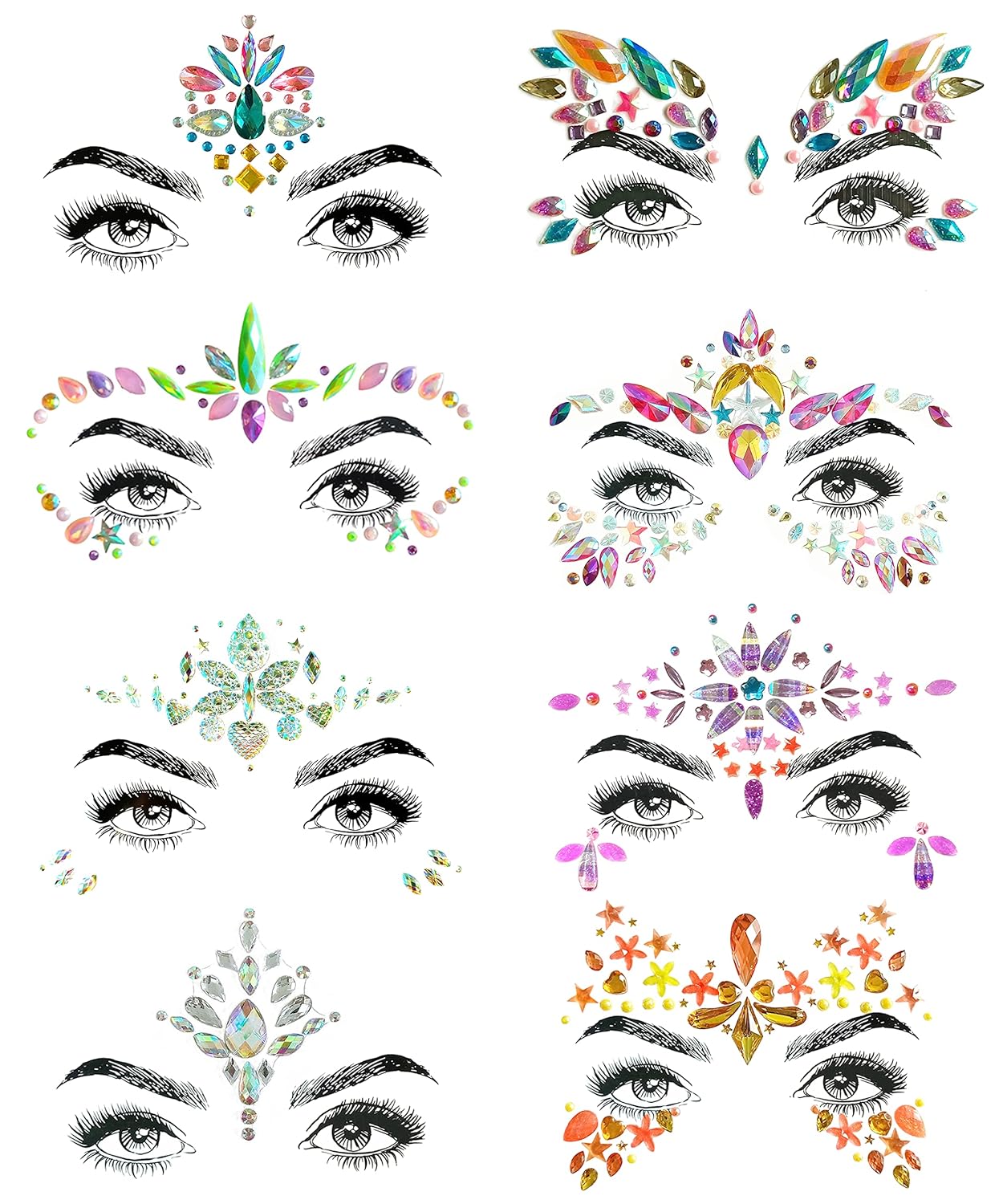 Gemstone Face Stickers - 8 Pcs Rhinestone Face Jewels for Festivals | Halloween & Christmas Party Decor