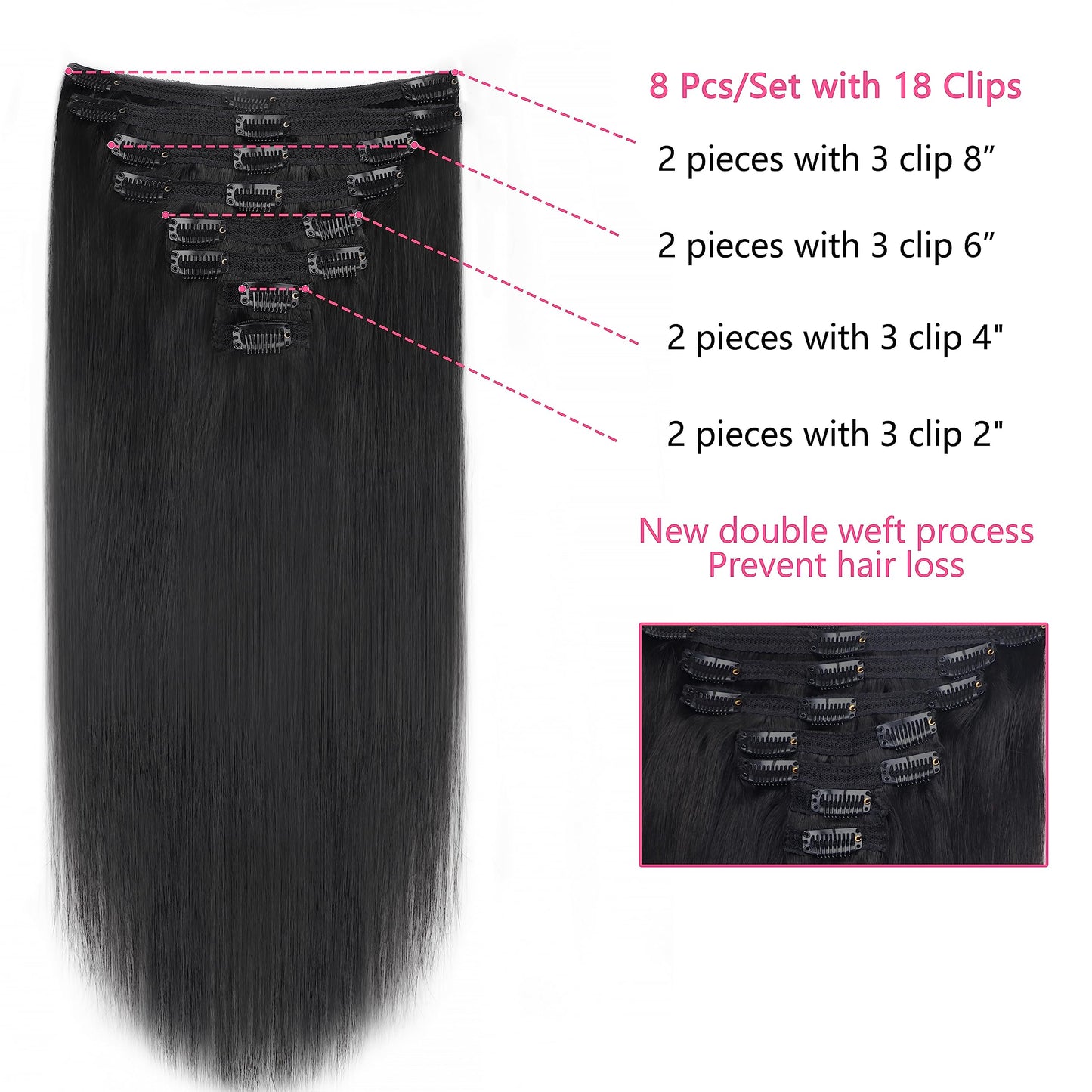 Mihugass Straight Clip Ins Human Hair #1B Natural Color Clip In Hair Extensions Real Human Hair Soft Blendable Lightweight Hair Extensions 24 Inch 8Pcs 120 Grams/Pack