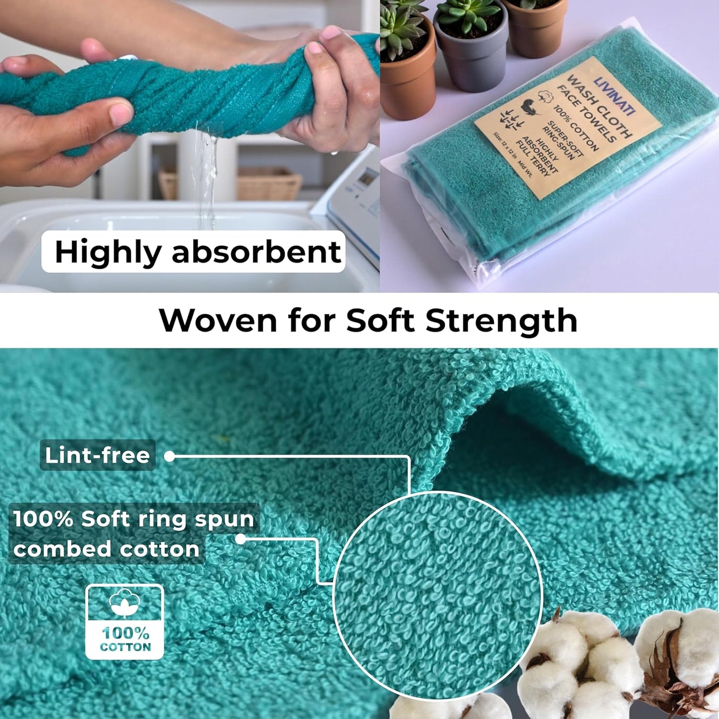 Turquoise Cotton Wash Cloths - Soft Absorbent Terry Towels | 12"x12" 6-Pack for Adults & Kids
