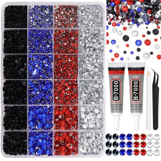 RODAKY Blue Red Rhinestone Flatback Resin Gems Mixed Size Resin Rhinestones for Bedazzling 4th of July Crystal Jewels Clear Black Gem Beads for Crafting Design Face Makeup Clothing
