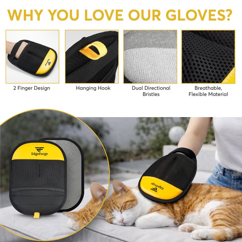 2 Pack Pet Hair Removal Glove for Dogs & Cats - Reusable Electrostatic Magic Brush Glove - Lint Mitt for Furniture, Couch, Carpet, Clothing, Car Seat - Dog Hair Remover Tool - Black