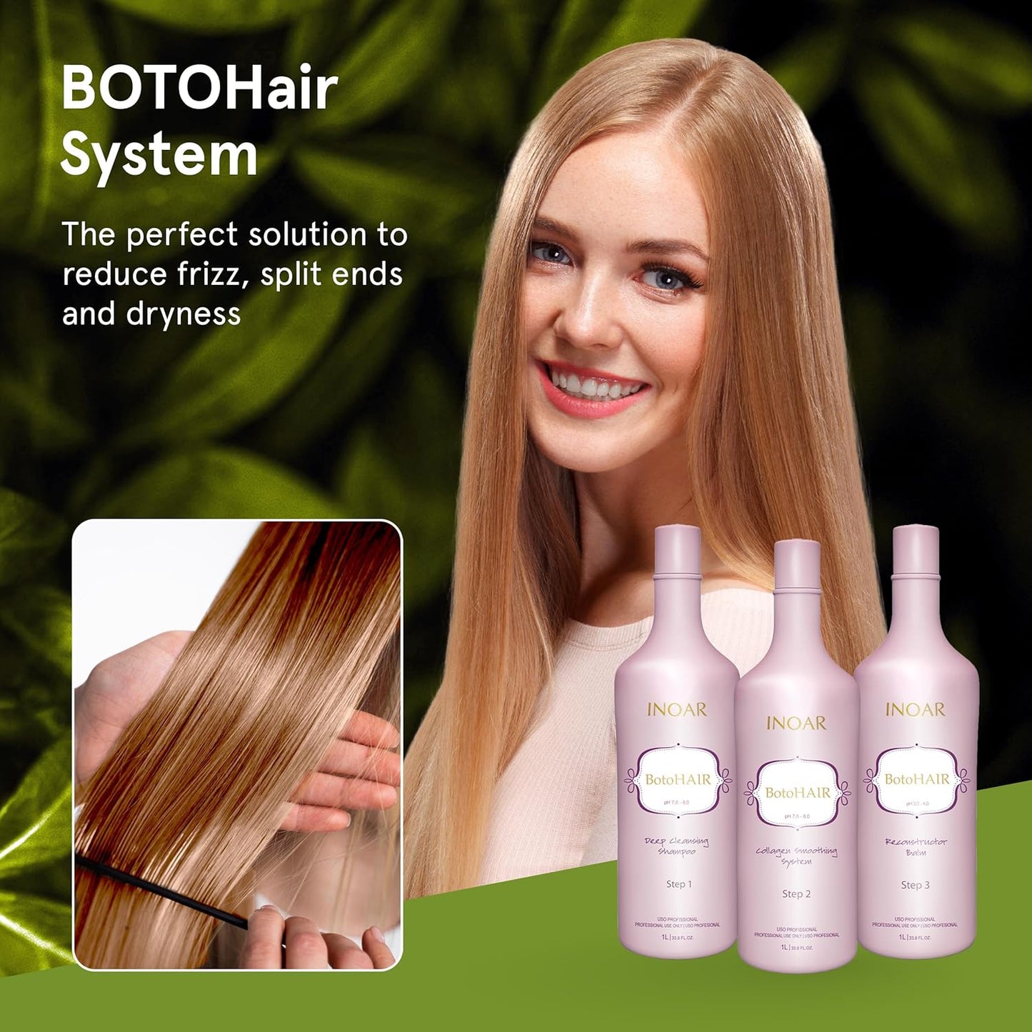 Inoar BotoHair Collagen Smoothing System - Keratin Deep Cleansing Shampoo & Reconstructor Balm | 33.8 Fl Oz Each