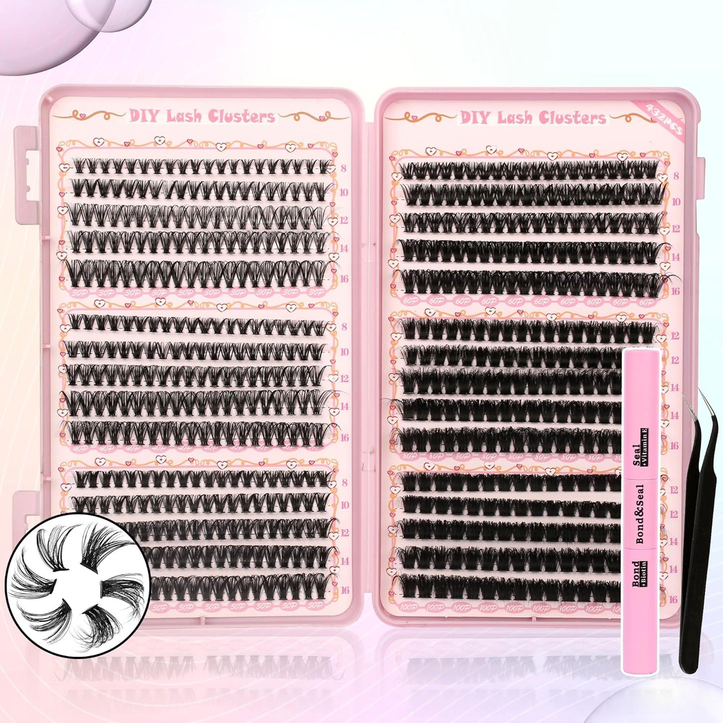 Lash Extension Kit - 640 Pcs Volume C Curl Eyelash Clusters | DIY Cluster Extensions with Bond & Tweezers