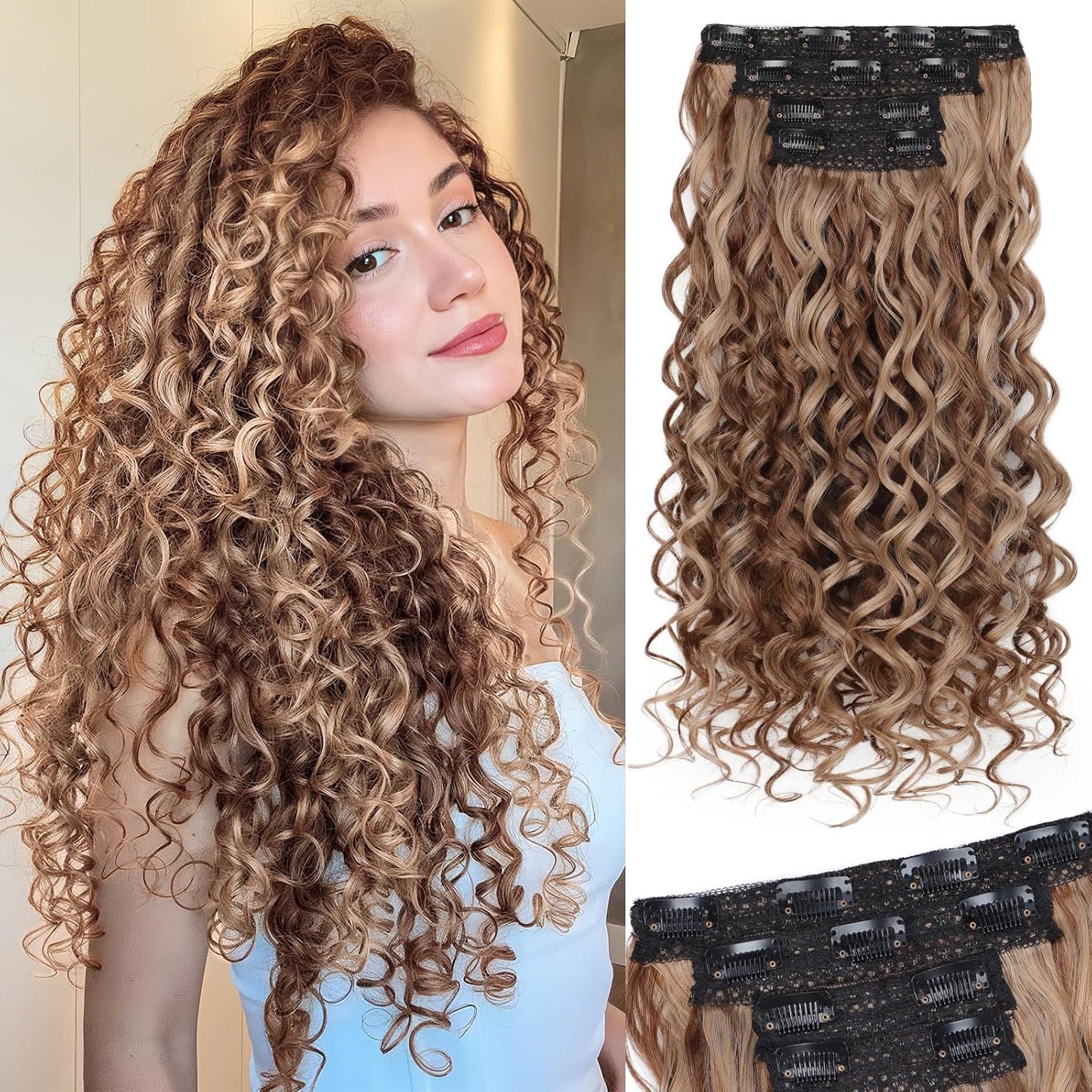 Curly Clip-In Hair Extensions - 20 Inch Thick Natural Synthetic Hairpieces | 4PCS Black