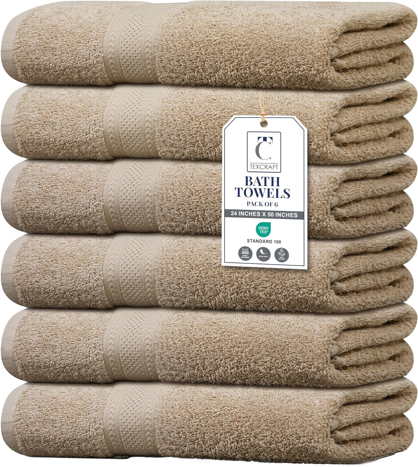 Large Bath Towels Set of 6 - 100% Cotton Terry, Quick Dry & Soft - 24" x 50", Grey for Bathroom, Gym & Spa
